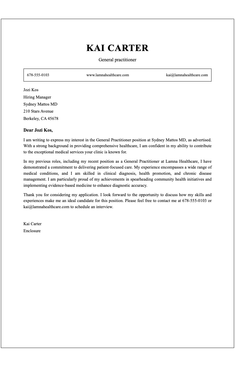 Bold border professional cover letter - Professional job application letter for medical practitioners with bold bordered A4 layout.